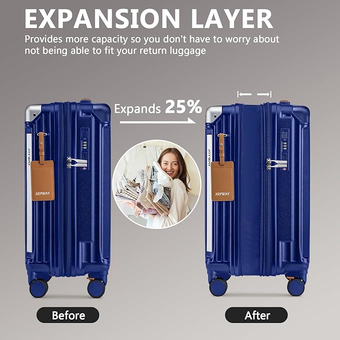Joyway 20in Carry On Luggage with Cup Holder and USB Port, 25% Expandable Capacity, Smart Suitcase with Anti Slip Wheels and Handbag, Perfect for Men and Women 3 Piece Set Blue
