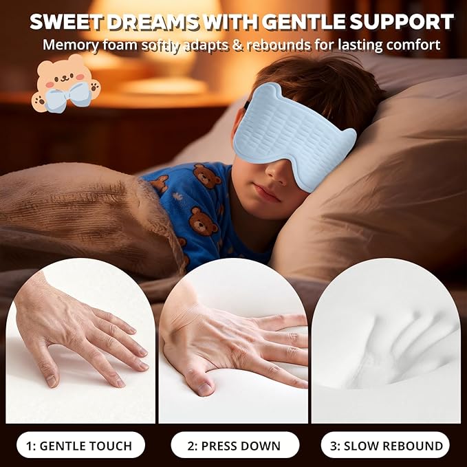 3D Kids Sleep Mask – Cute Bear Eye Mask for Sleeping, Comfortable Memory Foam Sleep Mask for Kids, Adjustable Strap and Lightweight Sleeping Mask for Boys Girls Teens Ages 5-15 (Blue)