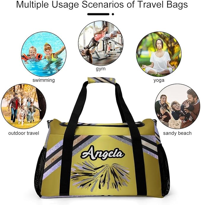 Personalized Cheerleaders Golden Silver Sparkle Print Duffle Bag with Name for Women Man Tote Bag Custom Travel Perform Training Bag Gym Bags