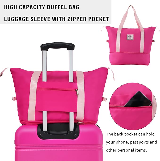 Merax Luggage Sets 2 Piece Expandable Hardside Luggage with Travel Bag Suitcase Set with Spinner Wheels(20+24+bag,Pink-1)
