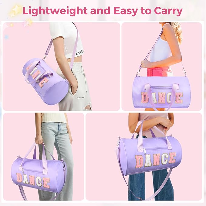 Dance Bag for Girls, KUIRAN 23L Waterproof Travel Duffel Bag with Colorful Chenille Letter, Lightweight Small Gym Sport Ballet Weekender Bag with Large Main Compartment - Purple/Pink/White