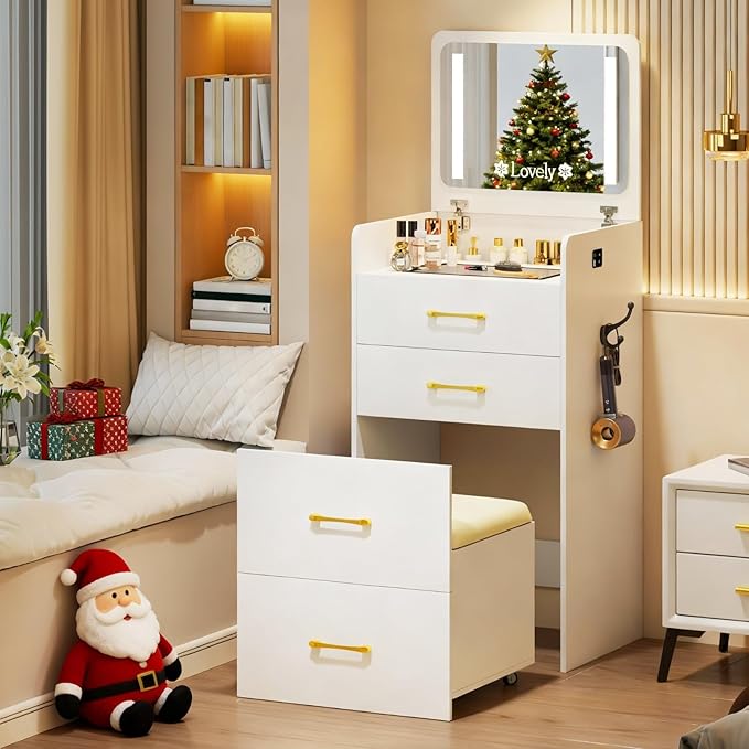 HNEBC 3 in 1 Vanity Desk with Plip Top LED Mirror,Small Dressing Table Set with Visible Glass Desktop,Compact Vanity with 3 Drawers,Storage Compartment and Padded Stool,for Bedroom(White)