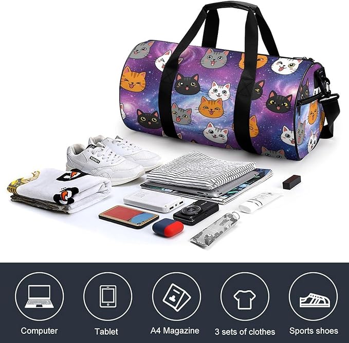 Foldable Gym Travel Bag Cute Cats Animals Overnight Weekender Travel Bag Dance Sports Gymnastics Bags Unisex Overnight Bags