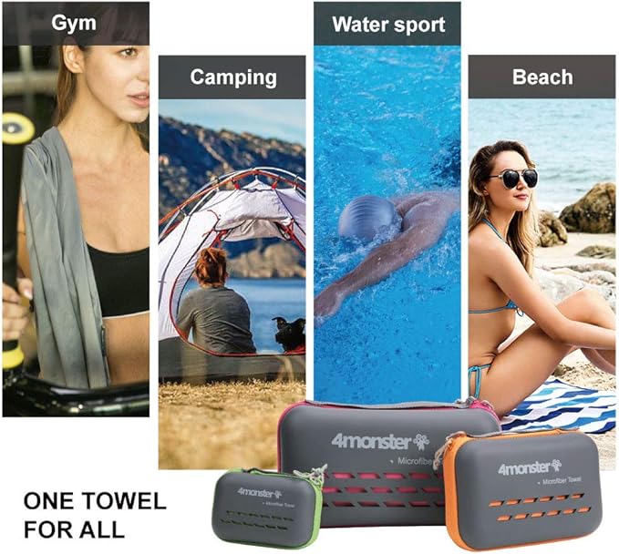 4Monster Quick Dry Travel Towel with Case & Carabiner – Super Absorbent Microfiber Gym & Camping Towel. Compact, Lightweight, Fast Drying for Beach, Swimming, Hiking, Backpacking