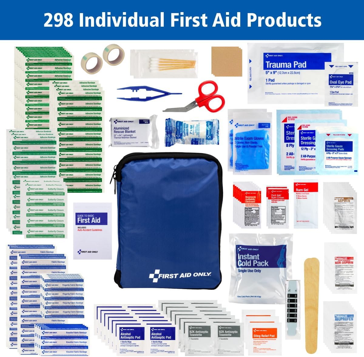 First Aid Only 299 Piece All-Purpose Emergency First Aid Kit for Home, Office, Car, Apartment, Dorm, and Camping, Travel-Friendly Compact Pouch Fits in Backpacks, Suitcases, Cabinets, and Drawers