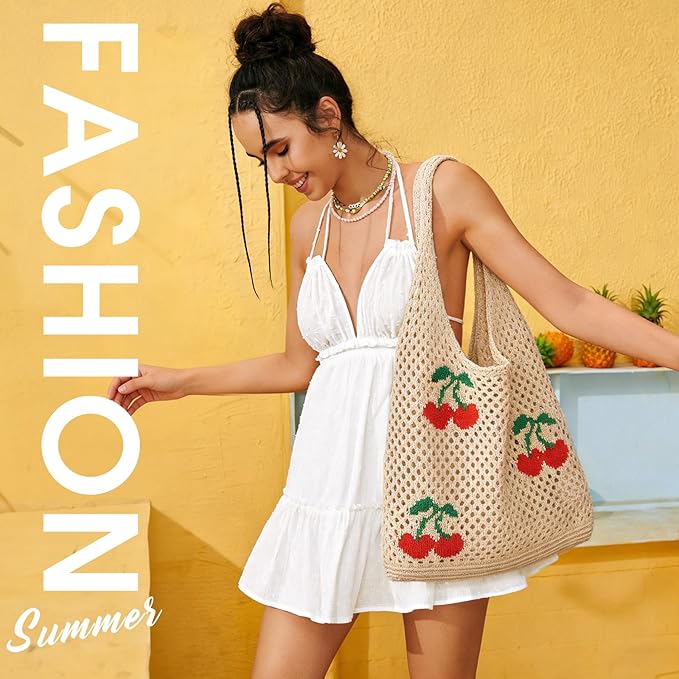 SUOSDEY Crochet Mesh Beach Tote Bag, Knit Summer Vacation Aesthetic Boho Tote Bag for Women