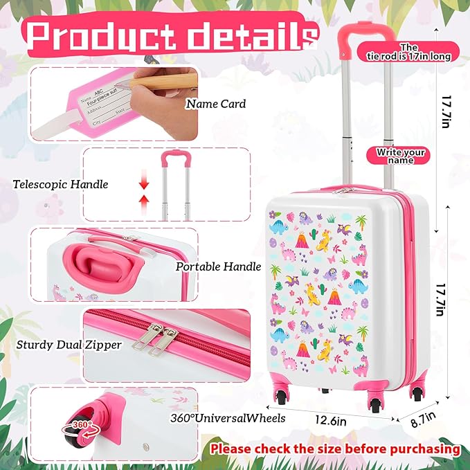 Redbaker 17 Inch 6 Pcs Kids Luggage Set Kids Rolling Luggage Double Pattern Suitcase for Boys Girls (Pale Pink, Dinosaur Style)