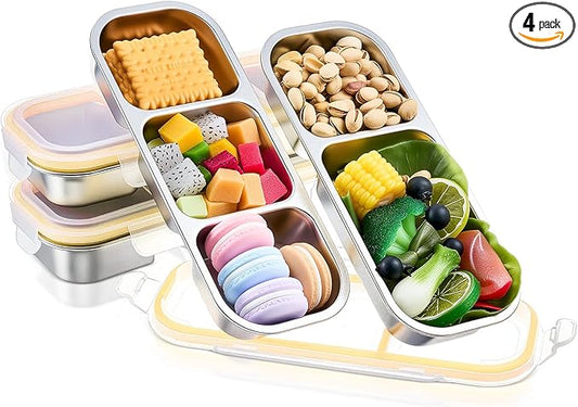 4 Pcs 304 Stainless Steel Lunch Containers Bento Boxes 38oz Salad Multipurpose with 3 and 2 Compartments Winter Party Reusable Large Box with Lids Divided Containers for Snack Dip Sandwich (Yellow)