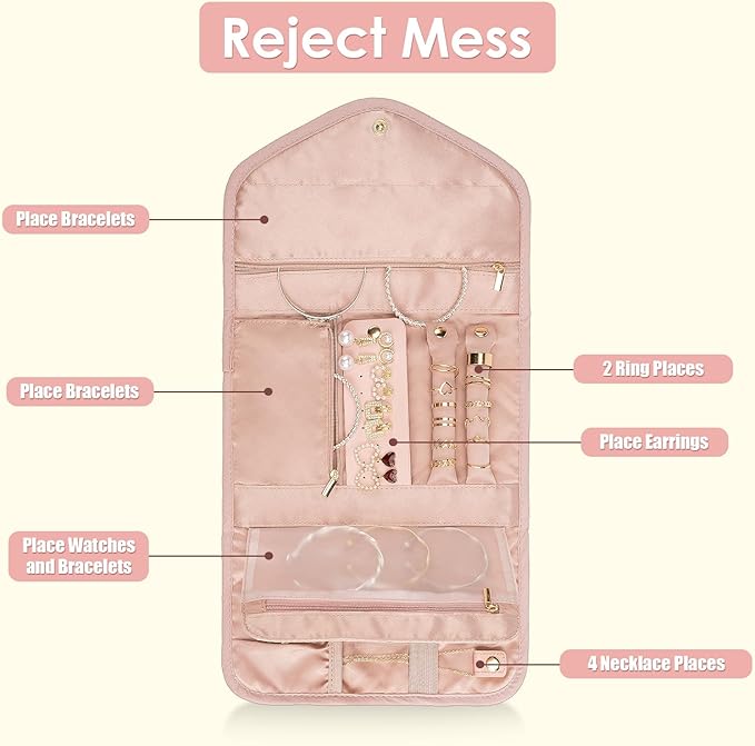 Travel Jewelry Organizer Bag Anti-Tangle Foldable Small Jewelry Roll Travel Case Accessory for Necklaces, Earrings, Rings, Bracelets, Watches, Pink