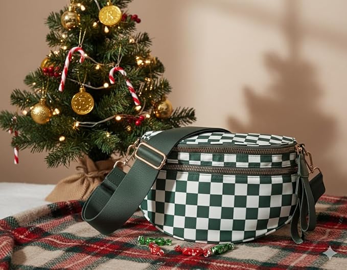 Checkered Crossbody Bag for Women, Spacious Sling & Stylish Bum Bag for Travel, Concerts, Festival, Nylon Fanny Pack Belt Bag (Colour Bum Bag-Beans Green Checkered)