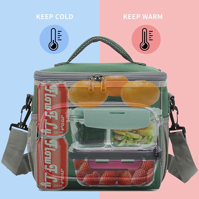 FlowFly Insulated Reusable Lunch Bag Adult Large Lunch Box for Women and Men with Adjustable Shoulder Strap,Front Zipper Pocket and Dual Large Mesh Side Pockets,ArmyGreen
