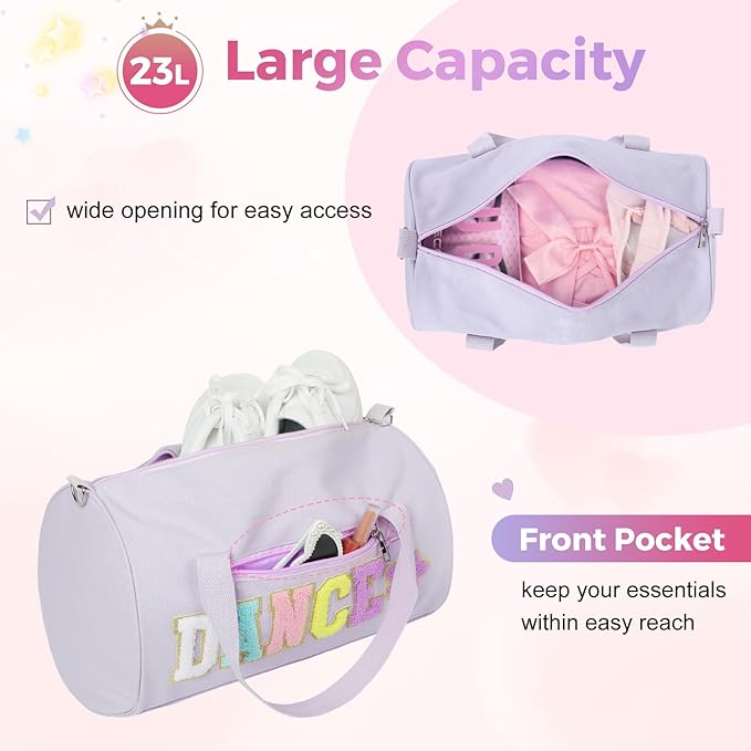 Dance Bag for Girls, KUIRAN 23L Travel Duffel Bag with Colorful Chenille Letter, Lightweight Small Gym Sport Ballet Weekender Bag with Large Main Compartment - Purple