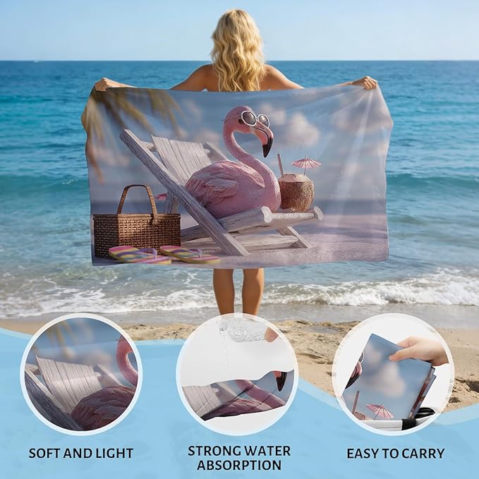 SARA NELL Flamingo Beach Towel, Pink Flamingo with Sunglasses and Coconut Drink Print, Summer Pool Beach Towel for Vacation, Quick Dry Lightweight, 32"x52"