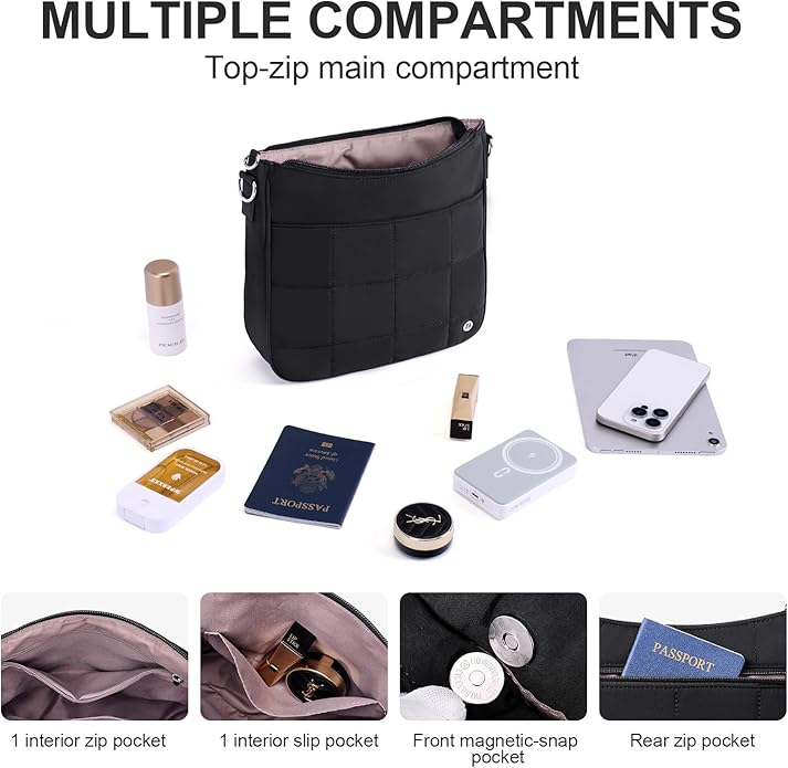 Anti Theft Crossbody Bags for Women,Quilted Puffer Travel Purses Shoulder Hobo Bag Handbag with Guitar Strap