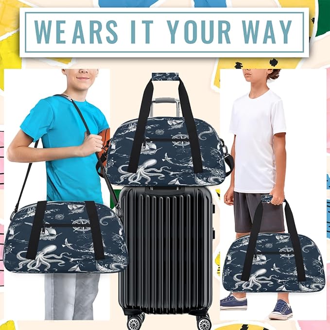 Sports Duffel Bags, Nautical Octopus Boat Water-Resistant Gym Duffle Bag for Men Women, Lightweight Weekender Overnight Bag for Fitness, Workout, Travel