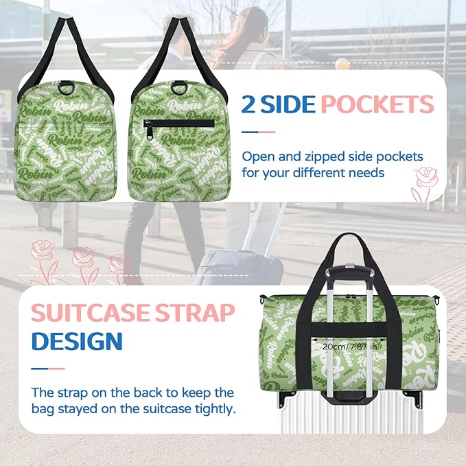 Custom-Dance-Gymnastics-Bag for Girls Personalized Kids Duffle Bag Cheerleader Team Bag for Travel Gym Sport Green White Text