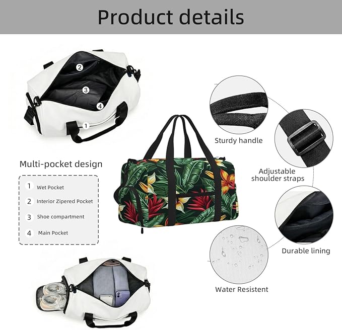 Sports Gym Bag Tropical Leaves Flowers Travel Duffel Bag With Shoe Compartment Shoulder Strap, Lightweight Water-Resistant Weekend Overnight Totes For Women Men