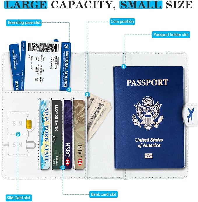 Passport Holder for Trave, RFID Blocking Leather Passport Cover, Combo with Credit Card Slot and Boarding Pass Slot Combo for Women Men