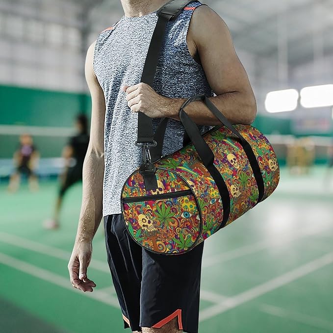 Lightweight Travel Sports Carry On Bag Colorful Skull Weedleaf Leaf Art Basketball Football Weekender Bag Sport Gym Fitness Tote