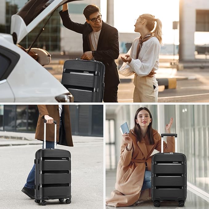 Kono Carry On Luggage 24 Inch Checked-Medium Hard Shell Travel Trolley 4 Spinner Wheels Lightweight Polypropylene Suitcase with TSA Lock, Black