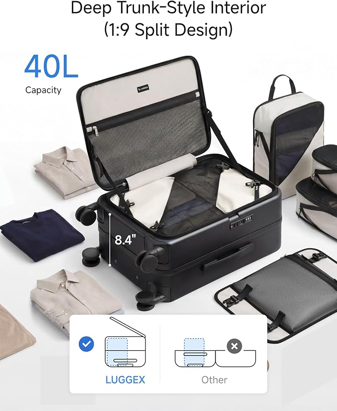 LUGGEX Carry On Luggage Top Opening & Front Opening, FLP Aluminum Frame Trunk Style Luggage with Front Laptop Pocket, Polycarbonate Hard Shell Suitcase (FX- Enhance, Blue, 21 Inch, 38L)