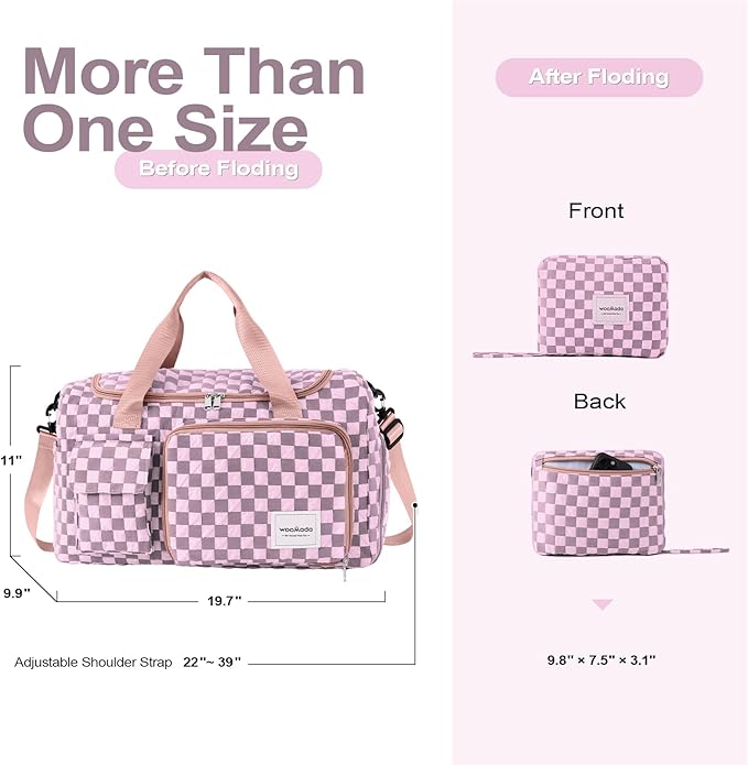 WOOMADA Foldable Travel Duffel Bag with Shoes Compartment, Overnight Bag with Wet Pocket & Trolley Sleeve, Weekender Bags for Women (pink checkerboard)