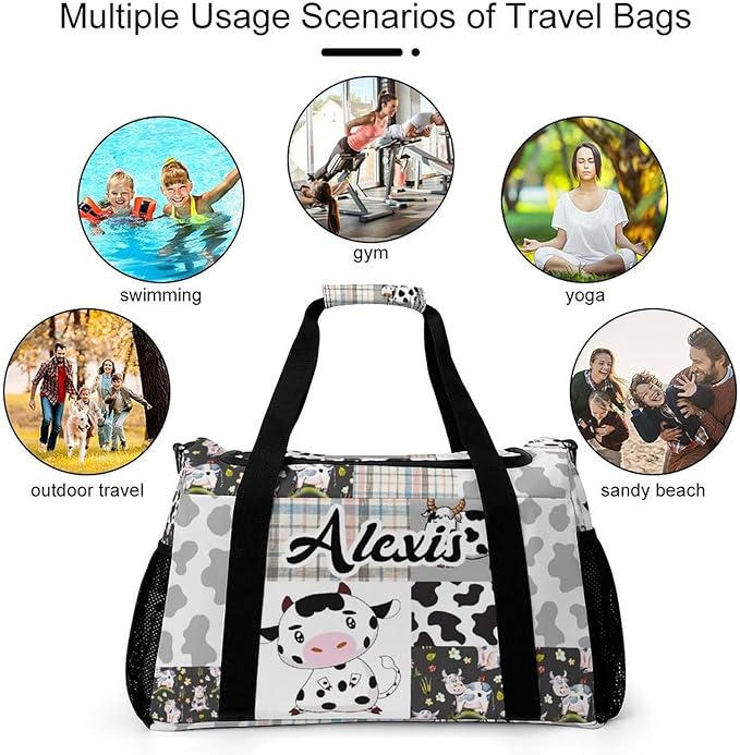 Personalized Name Sports Player Duffel Bags with Adjustable Shoulder Strap for Shoes Silver Gray Patchwork Cow Pattern Handheld Crossbody Travel Bag