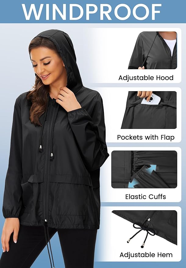 Zando Lightweight Rain Jacket Women Waterproof - Raincoat for Women Packable Rain coat Hooded Windbreaker for Travel Outdoor