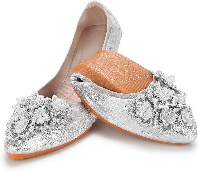 KUNWFNIX Women Ballet Flats Rhinestone Wedding Ballerina Shoes Foldable Sparkly Comfort Slip on Flat Shoes