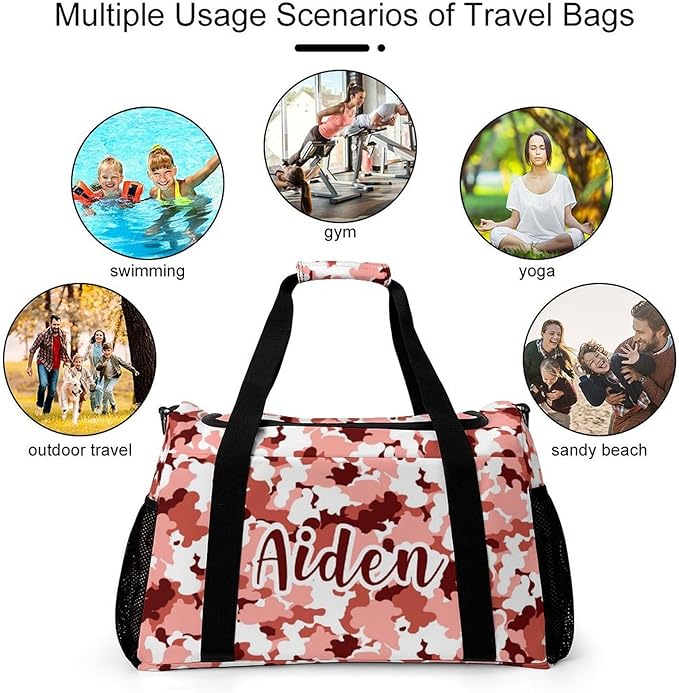 Personalized Sports Duffle Bags for Training, Red Camouflage Maroon Camo White Travel Bags with Adjustable Shoulder Strap, Custom Name Birthday Holiday Gift