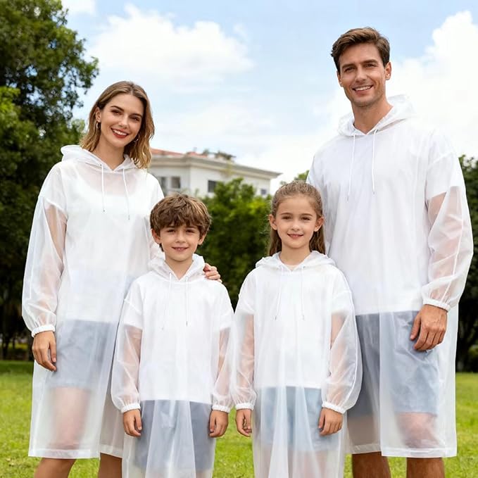 Disposable Rain Ponchos for Adults, 5Pcs Card-Sized Emergency Ponchos with Hood Clear Ponchos Family Pack for Travel, Waterproof PE Raincoats with 10Pcs Shoe Toe Sticker for Women, Men, Kids