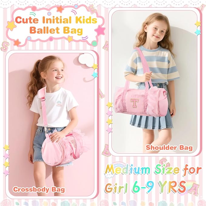 Personalized Initial Dance Bag for Girls 6-9, Medium Lace Gym Sport Yoga Cheer Dance Bags Gift for Teen Girls, Cute Letter Kids Ballet Bag Toddler Travel Duffel Tote with Adjustable Straps(Pink-T)