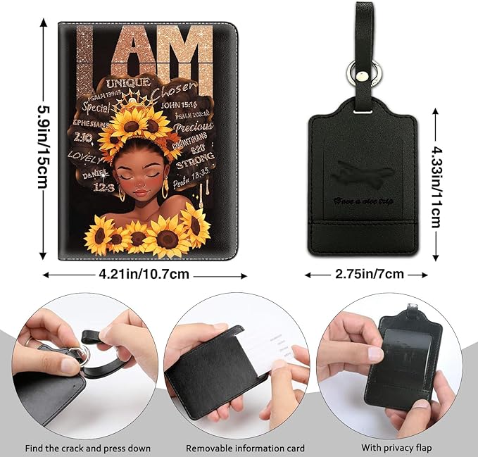 Passport Holder Women Wallet with Luggage Tag, Leather Passport Cover with RFID Blocking, Travel Accessories Multi Card Slot Passport Case for Men，Afro Woman Sunflower