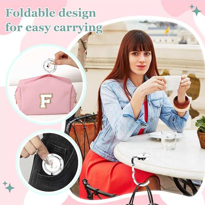 XSUIOY 3Pcs Personalized Initial Foldable Purse Hook for Table,Crushed Flower Letters Folding Purse Hanger,Purse Holder Handbag Hanger Collection Desk Table Bag Hooks Gifts for Women Bag(Pink-C)