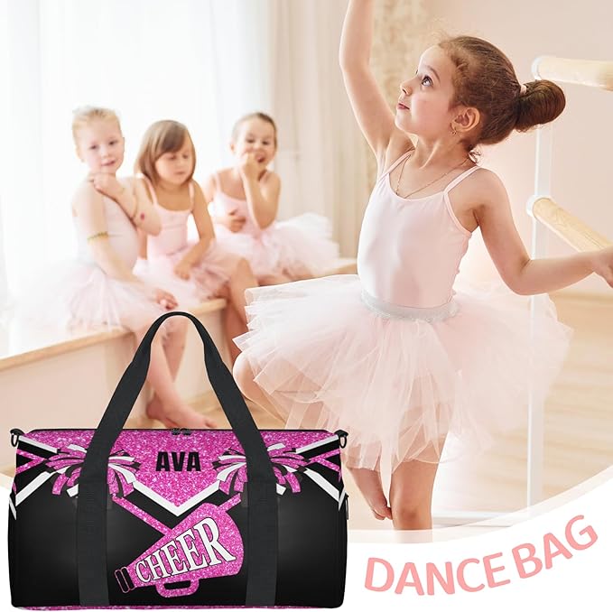 Personalized Cheerleading Sports Bag Names, Custom Name Cheer Fitness Duffle Gym Travel Weekender Lightweight Bags, Water Pink Shiny Glitters Black