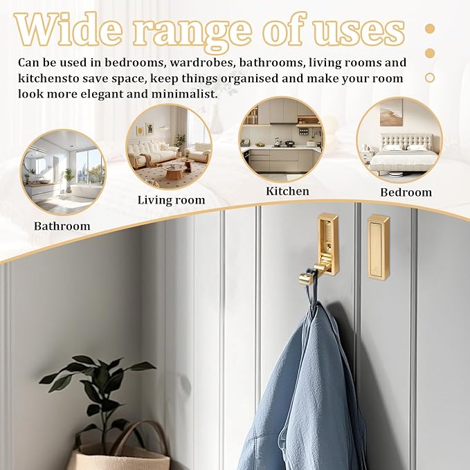 4pack Gold Foldable Wall Hooks, Folding Coat Hooks Wall Mounted, Foldable Plant Hanger, Gold Coat Rack Wall Mount (4, Square)