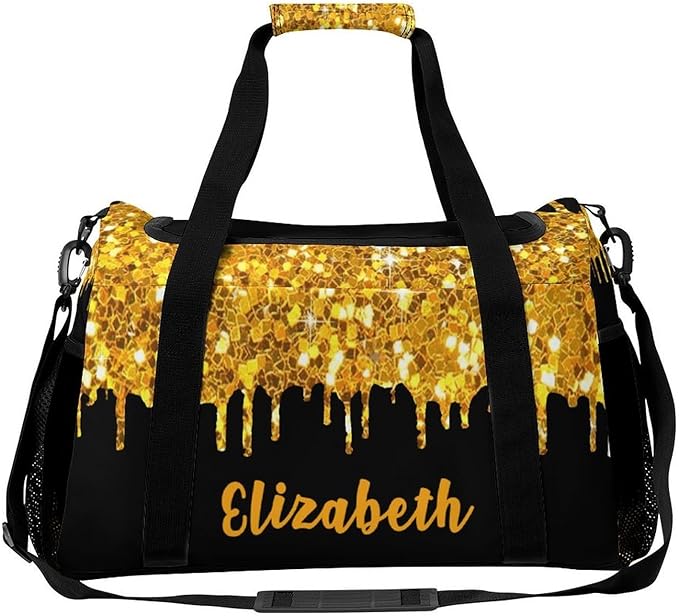 Golden Yellow Sequin Glitter Print Crossbody Bag Customized Duffel Bags (Store Shoes) Weekender Overnight Bag Travel Bag Personalized Gift Gym Bags