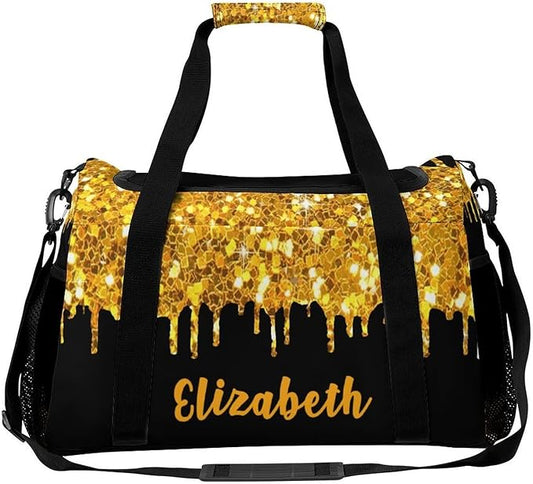 Golden Yellow Sequin Glitter Print Crossbody Bag Customized Duffel Bags (Store Shoes) Weekender Overnight Bag Travel Bag Personalized Gift Gym Bags