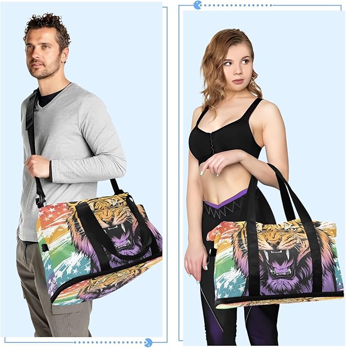 Travel Duffel Bags for Women Cool Tiger Head Sports Duffel Bags Gym Bags with Shoes Compartment Tote Bag Weekender Bag for Travelling