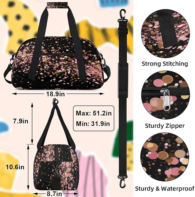 Travel Duffle Bag, Pink And Black Sequins Waterproof Weekender Overnight Bags for Women Men Lightweight Carry on Duffle Gym Bag for Travel, Sports, Fitness, Workout