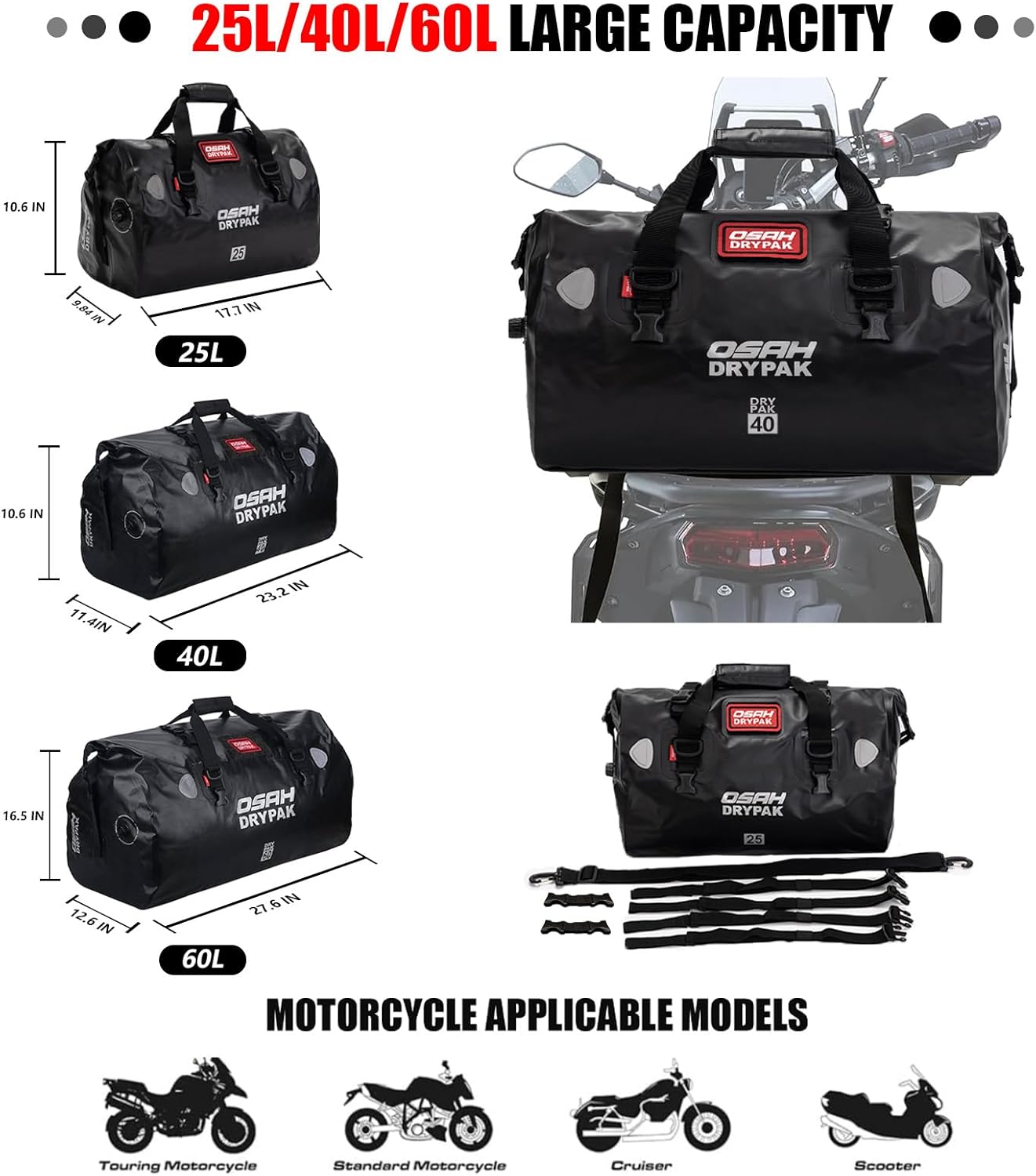 Waterproof Duffel& Luggage Bag - Motorcycle Dry Bag Tail Saddle Bags with Roll Top Closure,Large Storage Space,for Camping, Kayaking, Fishing & Traveling(SkyBlack, 40L)