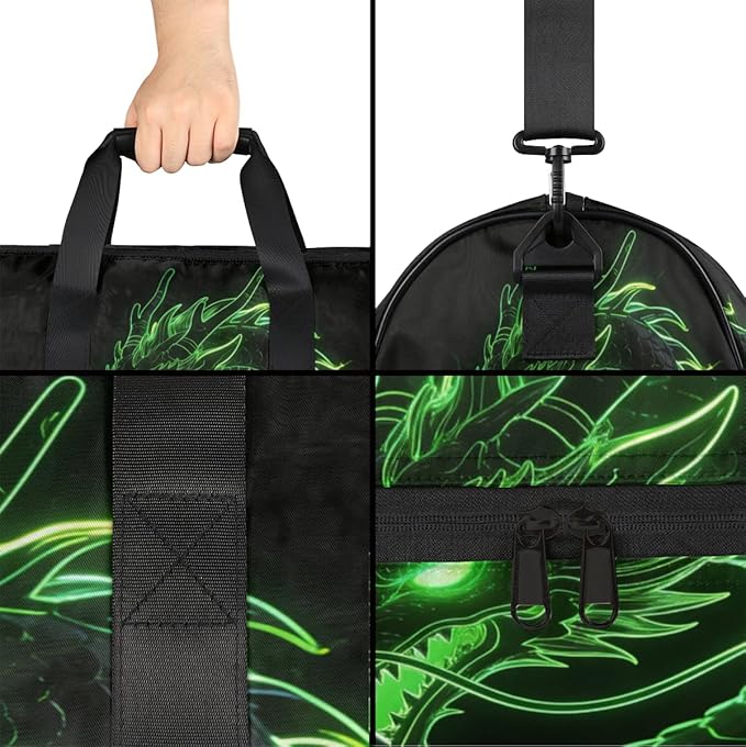 Green Dragon Print Sports Gym Bag with Wet Pocket & Shoes Compartment Waterproof Workout Duffel Bag for Women and Men Weekender Overnight Duffle Bag Travel Carry-on Tote