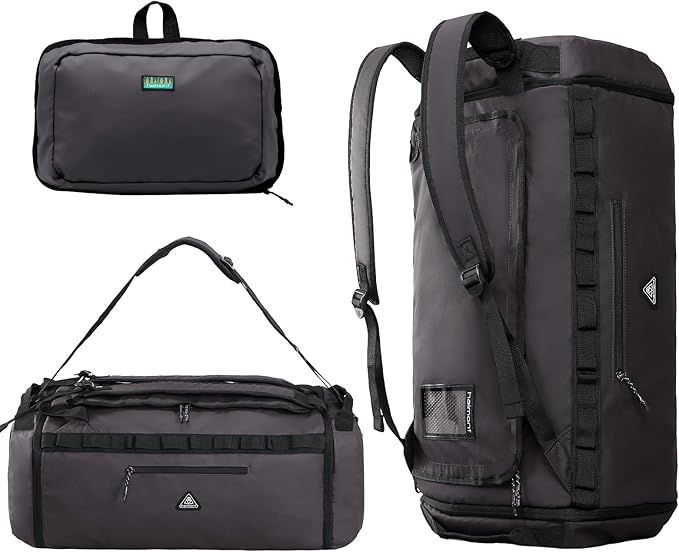 Haimont Duffel Backpack Bag 50L Water Repellent Sports Gym Bag Foldable Men Women with Shoe Compartment for Travel Hiking Camping Outdoor, Upgrade, Dark Grey