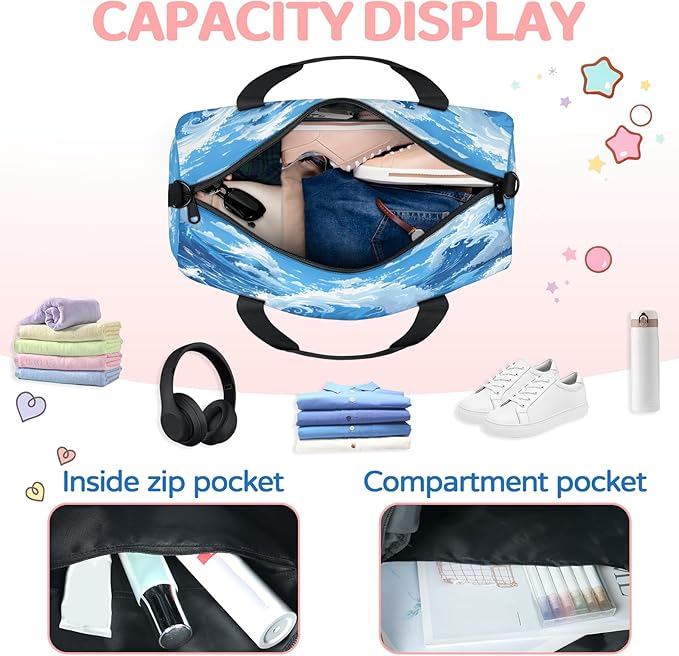 Waves Travel Duffle Bag for Women Men, Overnight Weekender Bag, Carry on Tote for Sport Gym