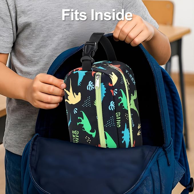 Bagseri Kids Snack Bag Boys - Small Reusable Mini Cooler Pouch, Insulated 3.9L Food Carrier with Buckle Handle for School and Daycare, Fits in Backpack, Black Dinosaur