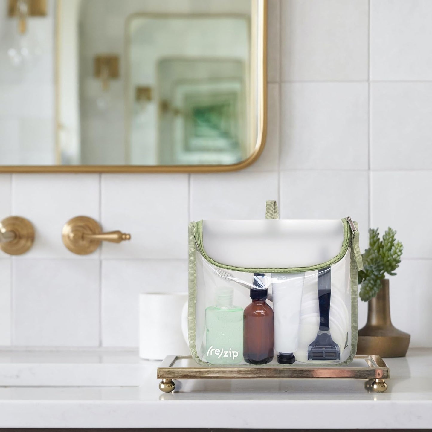 (re)zip Zippered TSA-Compliant Travel Quart Bag | Zippered, Reusable, Storage Bag for Toiletries, Makeup, Suitcase Organization | BPA-Free, Food Grade, Machine Washable (Clear, Sage Piping)