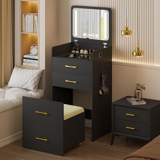 HNEBC 3 in 1 Vanity Desk with Plip Top LED Mirror,Small Dressing Table Set with Visible Glass Desktop,Compact Vanity with 3 Drawers,Storage Compartment and Padded Stool,for Bedroom(Black)