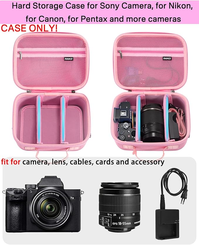 RAIACE Hard Case Compatible with Sony Alpha 7 II III IV/7R V Camera, for Nikon, for Canon, for Pentax and More. Mesh Pocket for Charger, Cables, Cards and Accessories. (case only) - Pink