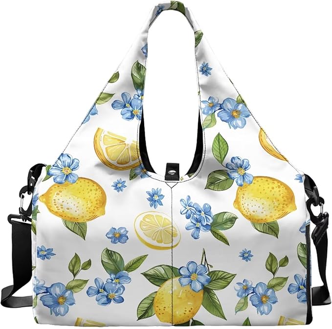 Gym Bag Women Lemon Duffel Bag with Wet Pocket, Shoes Compartment, Double Zipper, Small Duffle Bag Lightweight Breathable Waterproof Overnight Bag