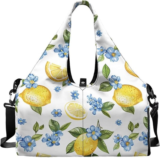 Gym Bag Women Lemon Duffel Bag with Wet Pocket, Shoes Compartment, Double Zipper, Small Duffle Bag Lightweight Breathable Waterproof Overnight Bag